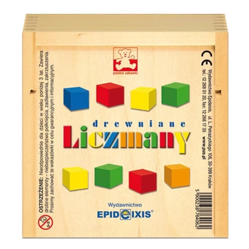 Drewniane pudełko zestawu edukacyjnego Liczmany firmy Epideixis z kolorowym logo.