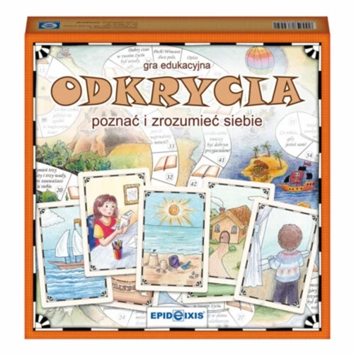 Pudełko terapeutycznej gry planszowej Epideixis "Odkrycia. Poznać i zrozumieć siebie" z ilustrowanymi kartami.