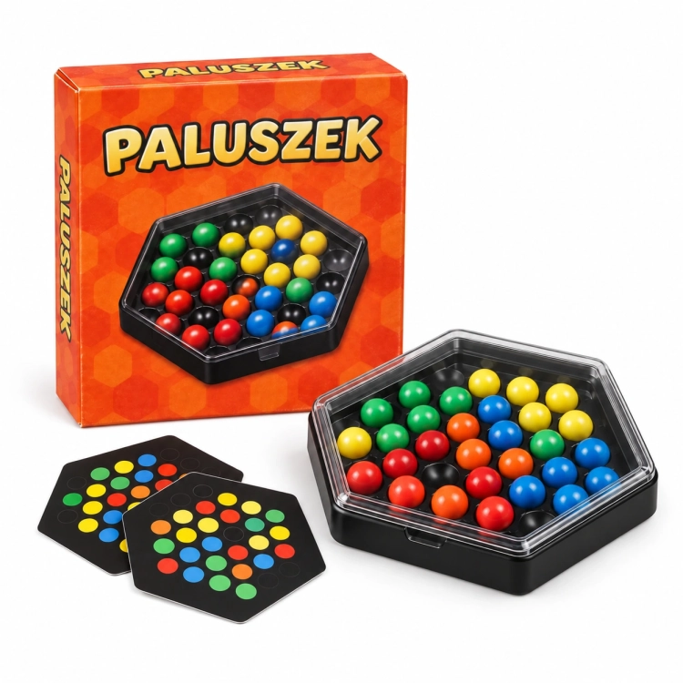 gra paluszek z kartami schematów. pomarańczowe opakowanie zabawki