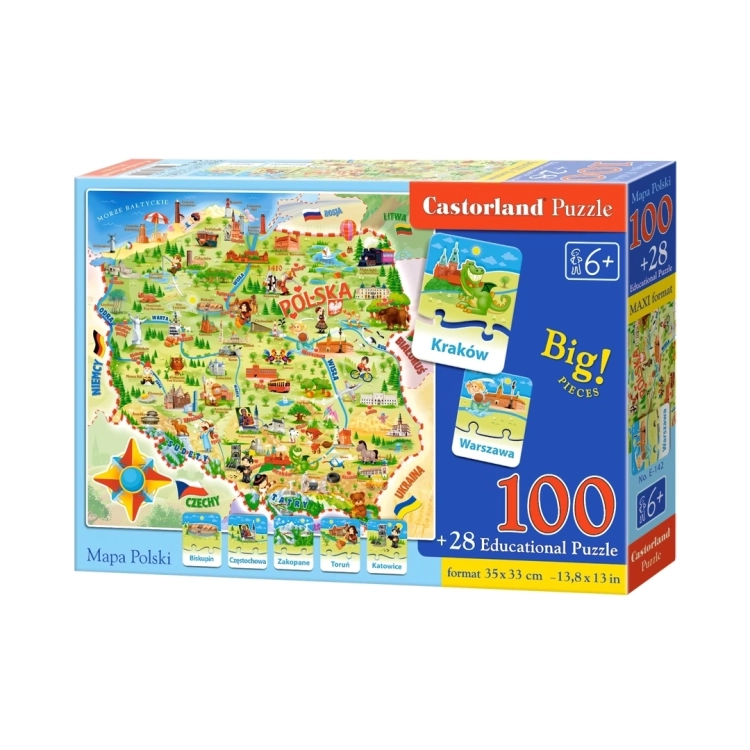 Pudełko puzzli edukacyjnych Castorland Mapa Polski (100+28 elementów) dla dzieci od 6 lat.