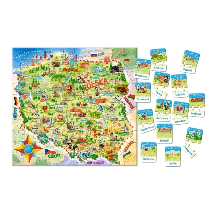 Ułożona ilustrowana mapa Polski z puzzli Castorland oraz osobne elementy edukacyjne z miastami i zabytkami.