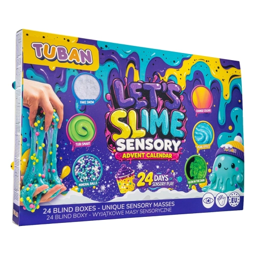 Kalendarz adwentowy Tuban Slime Factory, widok 3/4 na opakowanie zestawu sensorycznego