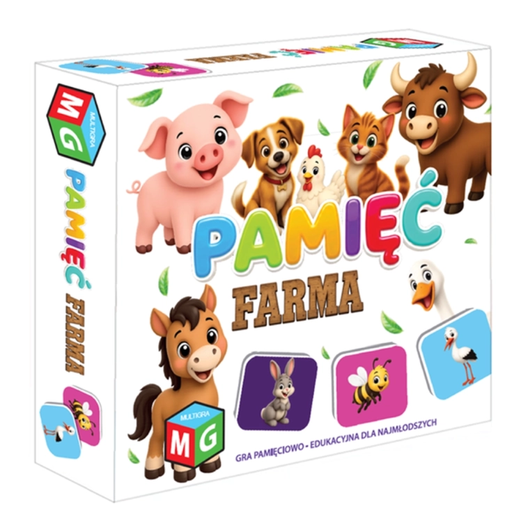 Przednie opakowanie gry edukacyjnej Pamięć Farma wydawnictwa Multigra z ilustracjami zwierząt wiejskich.