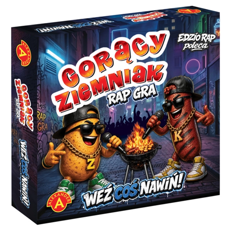 Pudełko gry planszowej Gorący Ziemniak Rap Gra marki Alexander z postaciami w klimacie hip-hopowym