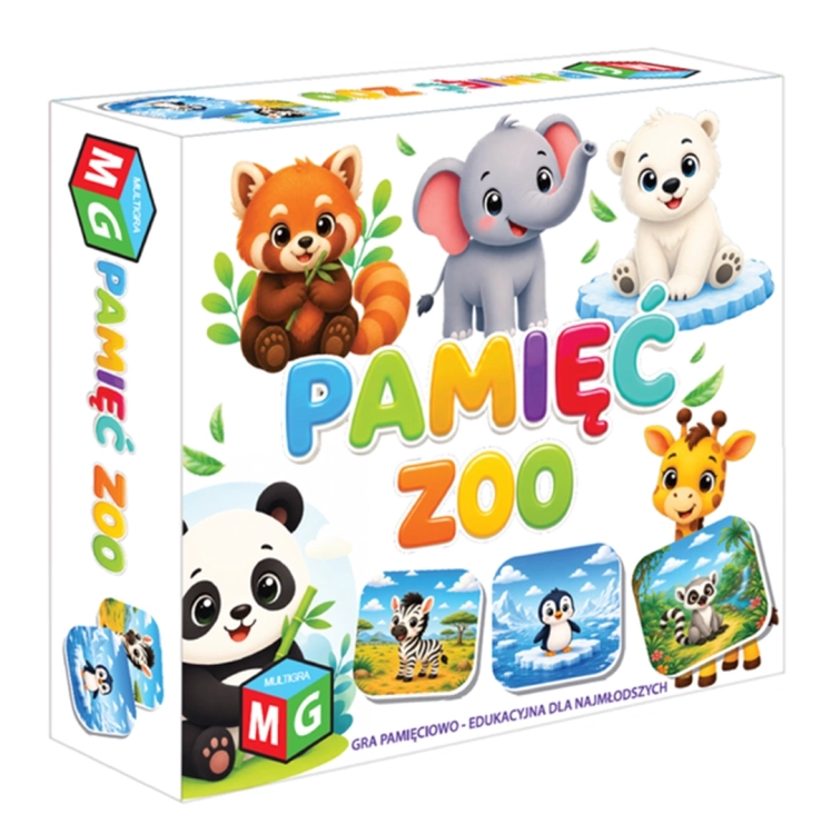 Frontowe opakowanie gry edukacyjnej Pamięć Zoo marki Multigra z kolorowymi ilustracjami zwierząt