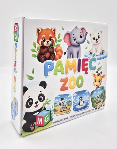 Pudełko gry memory Pamięć Zoo ustawione pod kątem na białym tle
