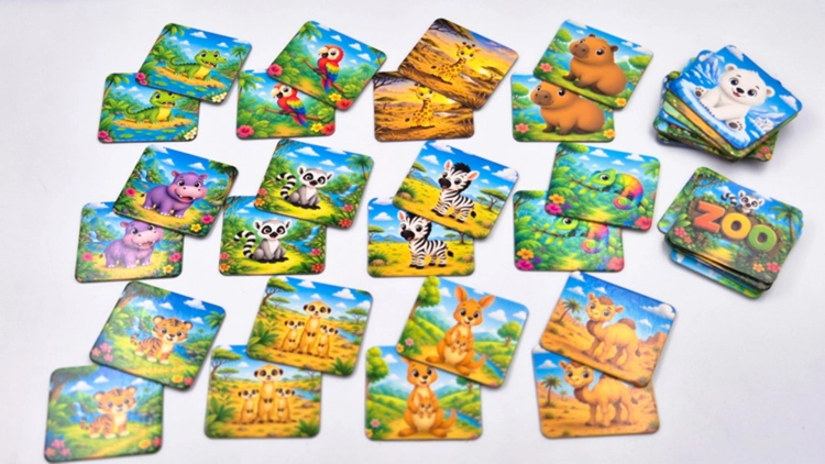 Ułożone w pary kafelki edukacyjnej gry memory Pamięć Zoo z obrazkami zwierząt