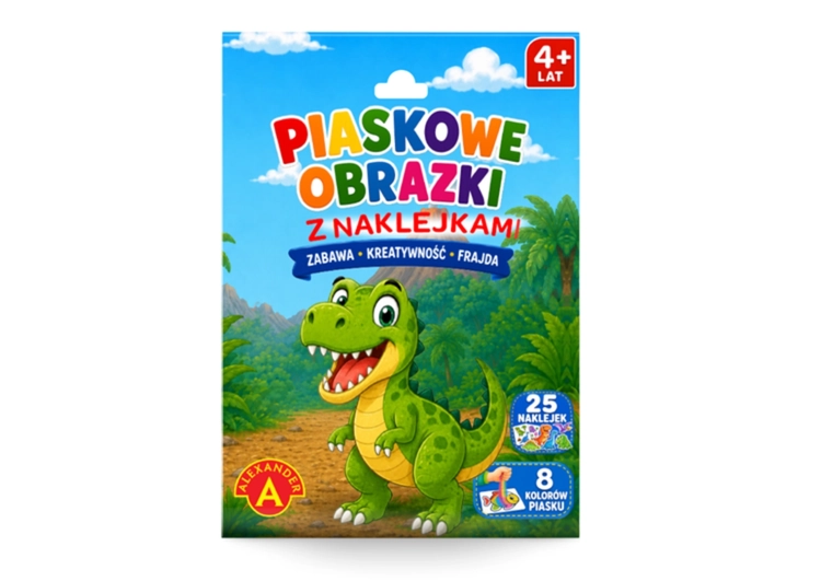 Opakowanie zestawu kreatywnego Piaskowe Obrazki z Naklejkami Dinozaur firmy Alexander dla dzieci 4+