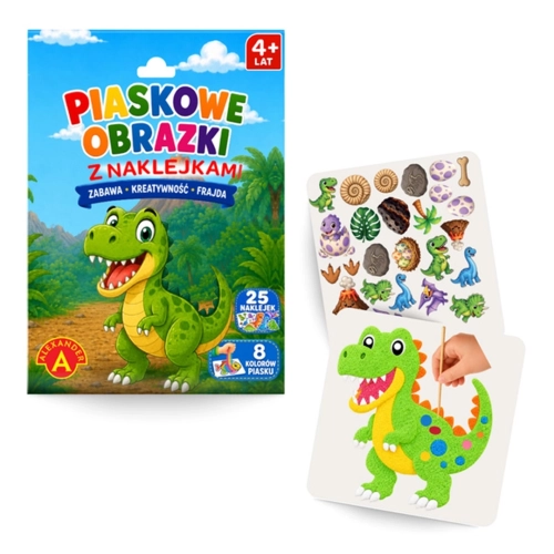 Zestaw Piaskowe Obrazki Dinozaur z arkuszem naklejek i obrazkiem do wyklejania piaskiem