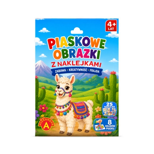 Przednia strona opakowania zestawu kreatywnego Piaskowe Obrazki z Naklejkami Alpaka marki Alexander.