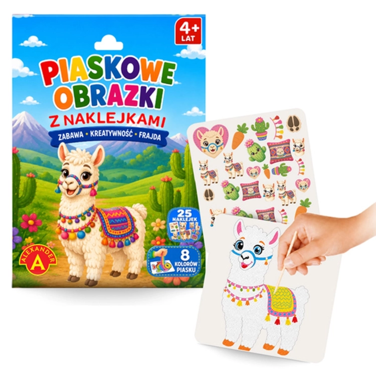 Zestaw kreatywny Piaskowe Obrazki Alpaka z arkuszem naklejek oraz dłonią zdejmującą papier ochronny za pomocą patyczka.