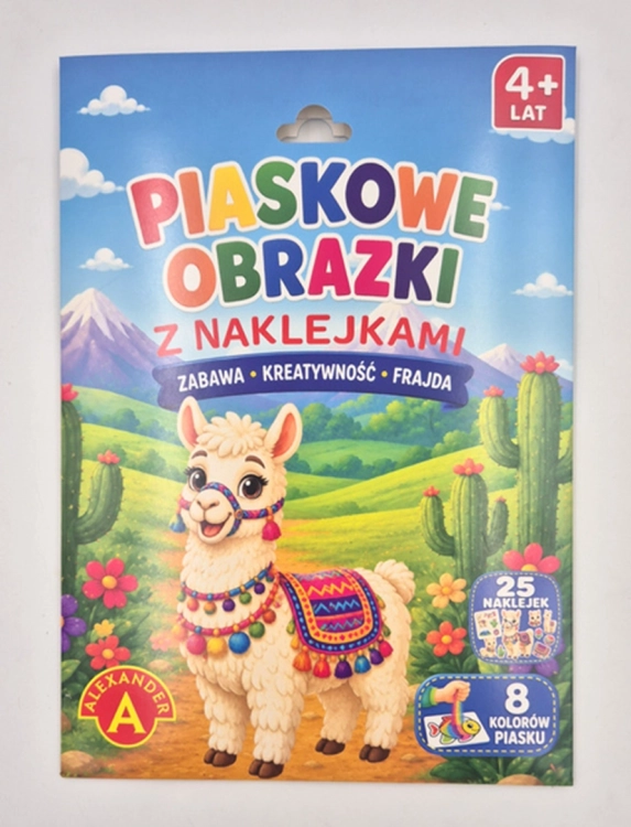 Widok z przodu na kolorowe opakowanie piaskowych malowanek z alpaką dla dzieci od 4 roku życia.