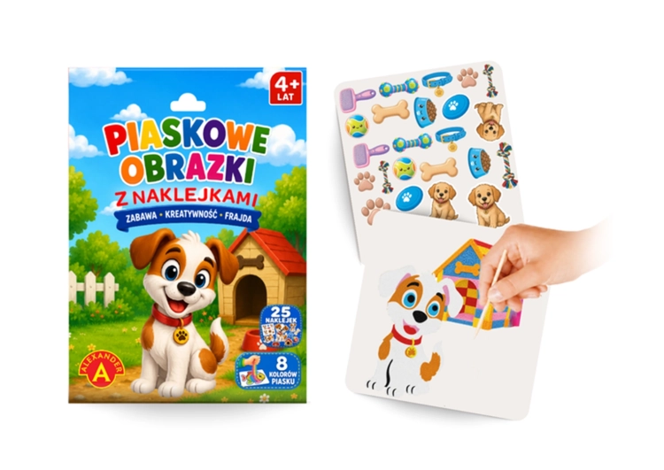 Opakowanie zestawu Piaskowe Obrazki Pies marki Alexander z arkuszem naklejek i obrazkiem do wyklejania piaskiem.
