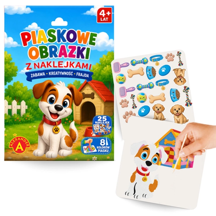 Zestaw kreatywny Piaskowe Obrazki Pies marki Alexander z naklejkami, kolorowym piaskiem i patyczkiem.