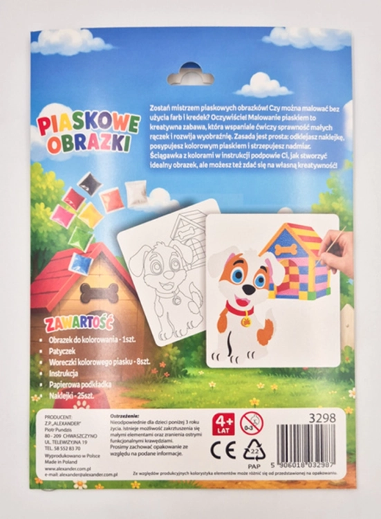Tył opakowania zestawu Piaskowe Obrazki Pies z listą zawartości, instrukcją i informacjami producenta.