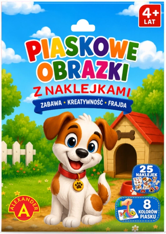 Kolorowe opakowanie zestawu Piaskowe Obrazki z Naklejkami – Pies marki Alexander.