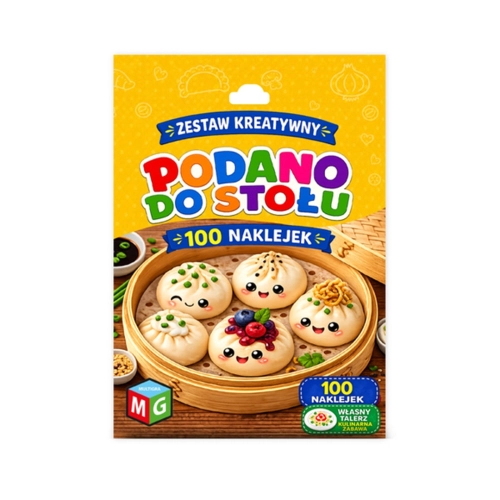 Przednia strona opakowania zestawu kreatywnego z naklejkami „Podano do stołu – Pierogi” marki Multigra z ilustracją pierożków Dim Sum w bambusowym parowarze.