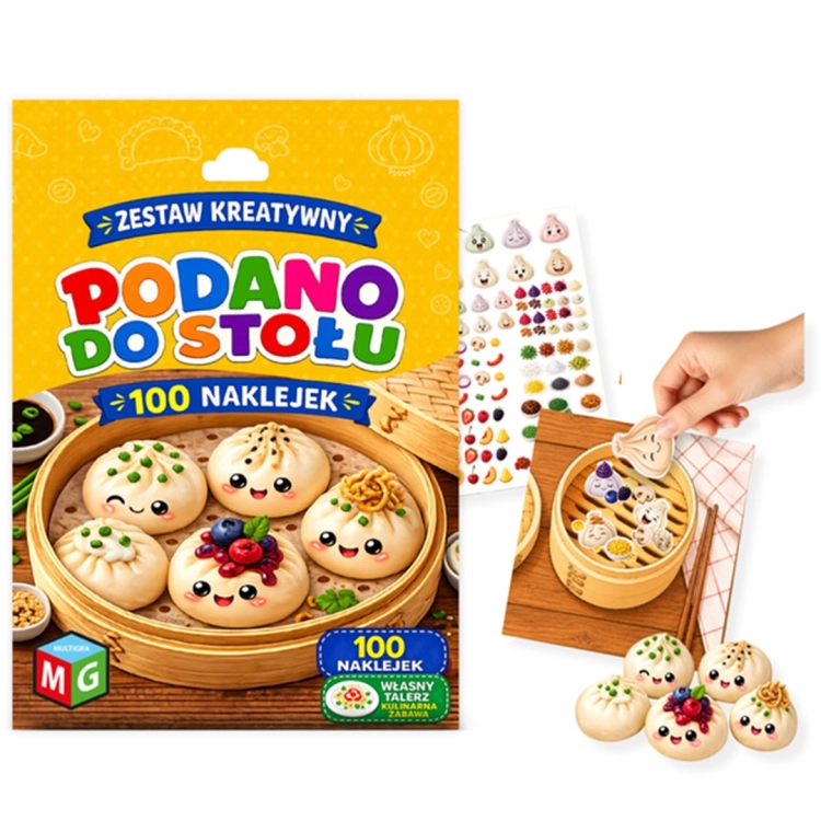 Opakowanie gry „Podano do stołu – Pierogi” zaprezentowane obok planszy do wyklejania, arkuszy naklejek i gotowych modeli pierogów.