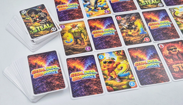 Dwa stosy kart oraz rozłożone karty z gry karcianej Steal Deal Brainrot marki Alexander.