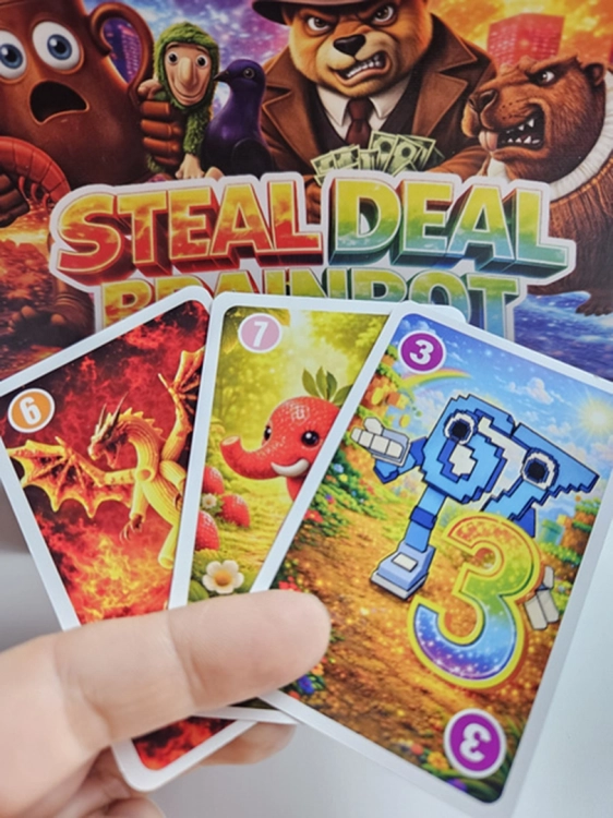 Dłoń trzymająca trzy karty z gry Steal Deal Brainrot na tle pudełka gry.