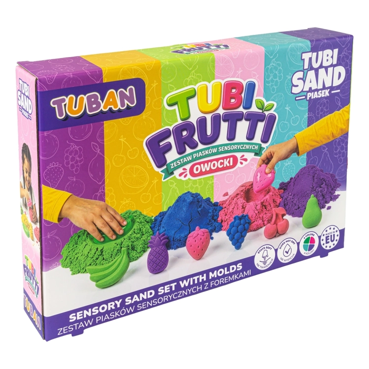 Opakowanie Tuban Tubi Frutti – zestaw piasków sensorycznych z foremkami ułożone pod kątem.