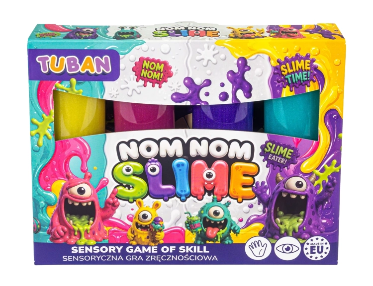 Zestaw Nom Nom Slime Tuban z planszami do gry, 4 kolorowymi glitami slime i naklejkami