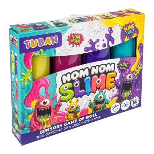 Kolorowe opakowanie sensorycznej gry zręcznościowej Nom Nom Slime od marki Tuban