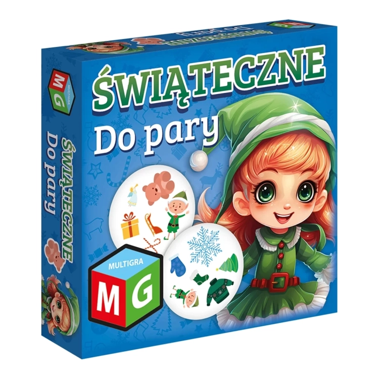 Pudełko gry karcianej Świąteczne Do Pary od Multigra z postacią elfki.