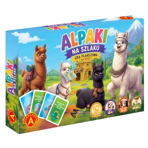 Pudełko gry planszowej dla dzieci Alpaki na szlaku marki Alexander z ilustracją kolorowych alpak.