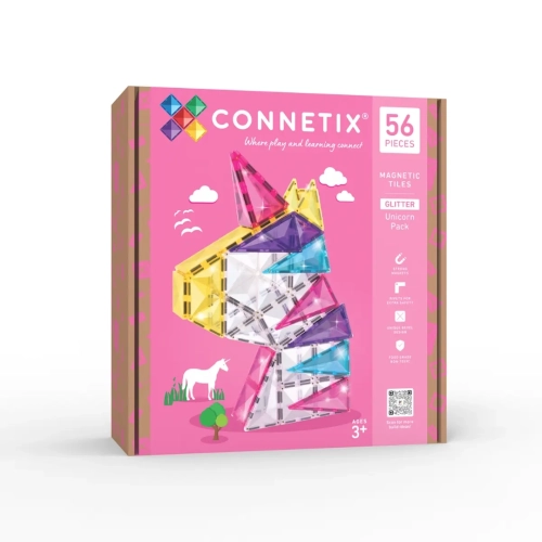 Różowe opakowanie klocków magnetycznych Connetix Glitter Unicorn Pack 56 elementów.