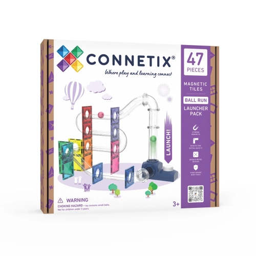Opakowanie zestawu klocków magnetycznych CONNETIX Ball Run Launcher Pack 47 elementów.