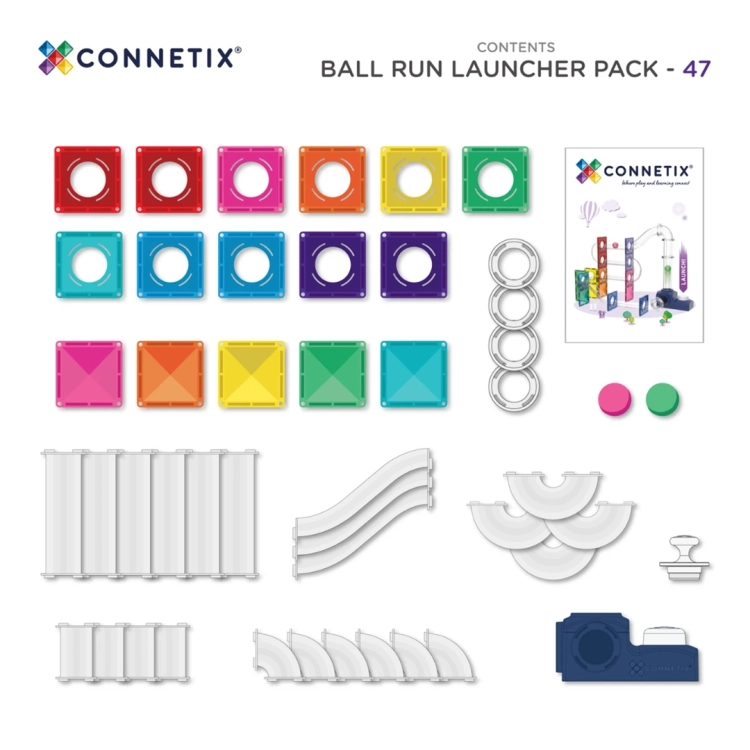 Elementy zawarte w zestawie CONNETIX Ball Run Launcher Pack 47 el., w tym płyty, rurki, kulki i wyrzutnia.