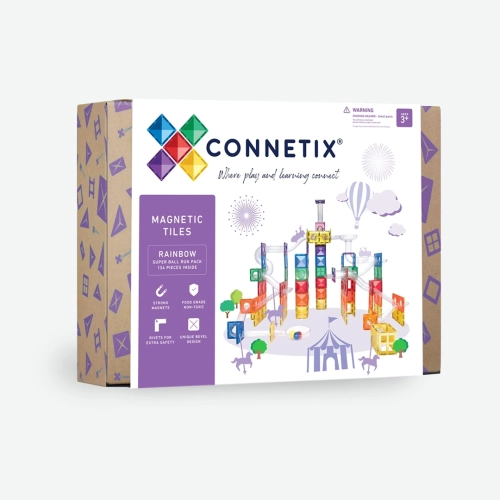 Opakowanie klocków magnetycznych Connetix Rainbow Super Ball Run Pack 134 elementy z widocznym logo i grafiką zestawu