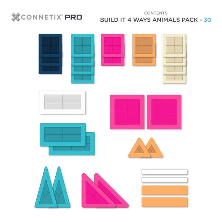 Zestawienie 30 elementów klocków magnetycznych CONNETIX PRO Build It 4 Ways Animals Pack na białym tle.