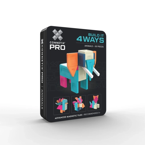 Metalowe opakowanie klocków magnetycznych CONNETIX PRO Build It 4 Ways Animals Pack 30 el. na jasnym tle.