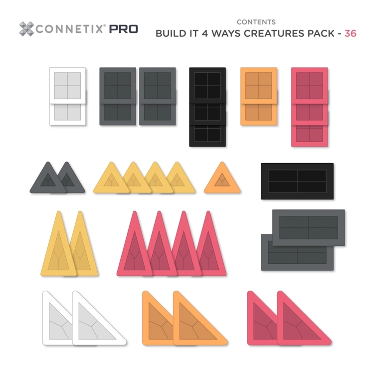 Zestaw 36 kolorowych klocków magnetycznych Connetix Pro Build It 4 Ways Creatures Pack rozłożony na płaskim tle.