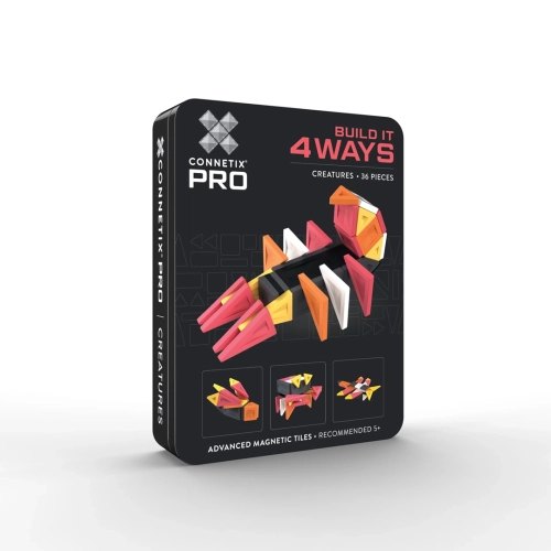 Czarno-czerwone opakowanie klocków magnetycznych Connetix Pro Build It 4 Ways Creatures Pack 36 elementów.