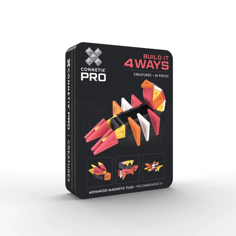Czarno-czerwone opakowanie klocków magnetycznych Connetix Pro Build It 4 Ways Creatures Pack 36 elementów.