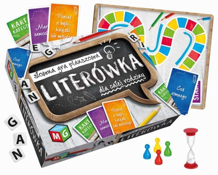 Zawartość gry Literówka: plansza, kostki z literami, karty kategorii, pionki