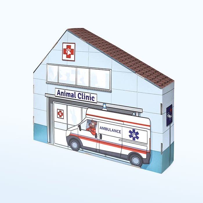 Szpital dla zwierząt zabawka z kartonu do składania i malowania firmy Tektorado 3+