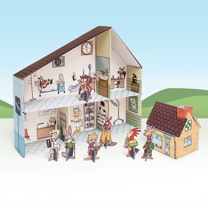 Szpital dla zwierząt zabawka z kartonu do składania i malowania firmy Tektorado 3+