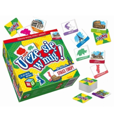 Elementy gry Stolice Europy z serii Uczę się w mig! – karty z flagami i stolicami