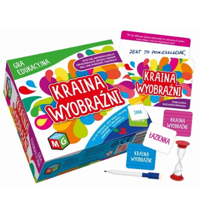 Zawartość gry Kraina Wyobraźni Multigra – plansza, karty, żetony i instrukcja w opakowaniu kartonowym