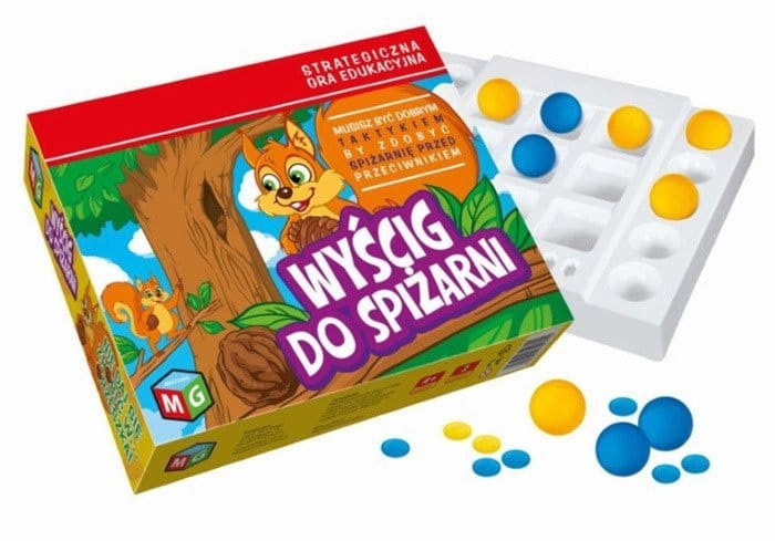 Zestaw gry Wyścig do spiżarni – plansza, kostka i elementy gry o tematyce zwierząt zbierających zapasy