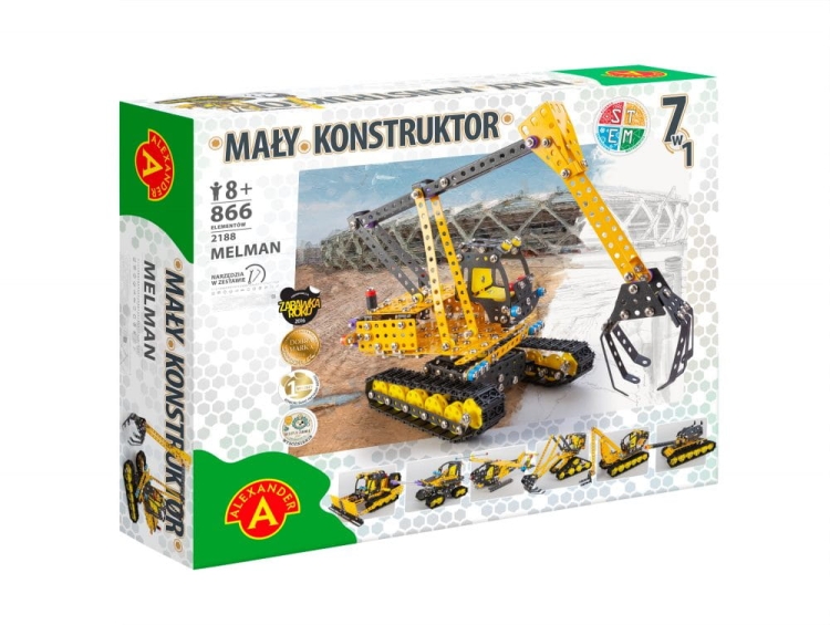 Elementy metalowe i plastikowe zestawu konstrukcyjnego – śruby, nasadki, kółka, gąsienice.