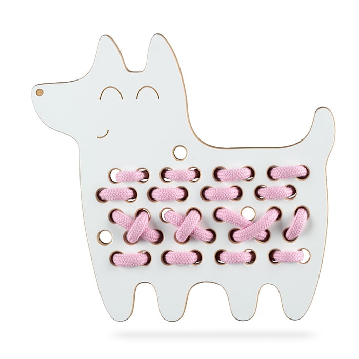 Drewniana przeplatanka dla dzieci Pies Oskar - sensoryczna zabawka zręcznościowa do motoryki małej