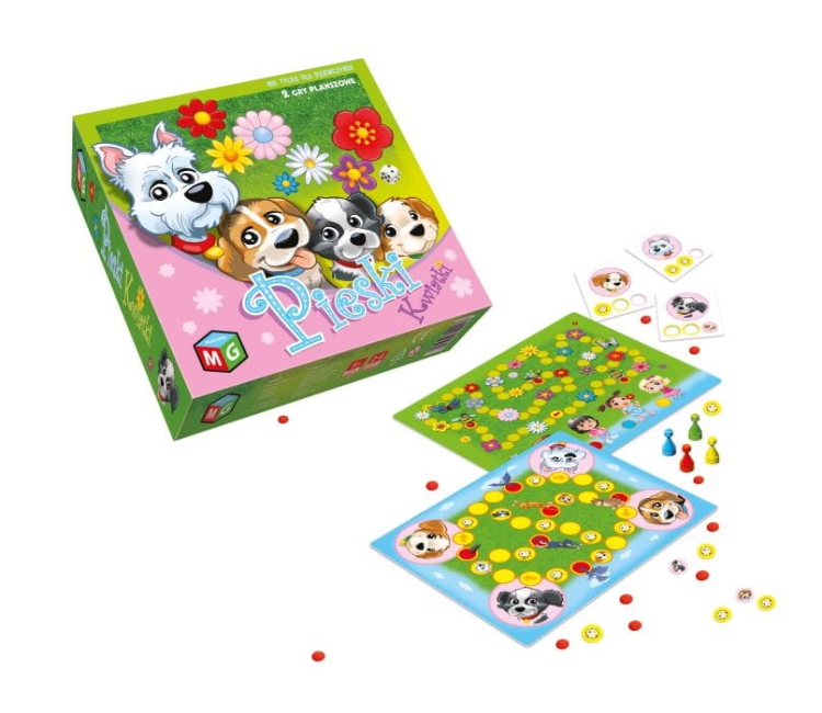 Zawartość gry Pieski Kwiatki – plansza, pionki i ilustracje z motywem kwiatów i piesków w zestawie dla maluchów