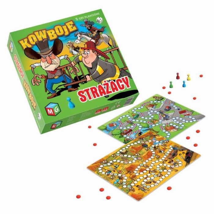 gra-planszowa-kowboje-strazacy-multigra-zestaw-elementy.jpg Elementy gry Kowboje i Strażacy – plansza, pionki, kostka, instrukcja