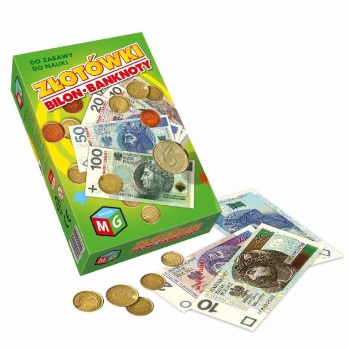 Elementy gry Złotówki Bilon Banknoty – plansza, monety, banknoty i karty z zadaniami