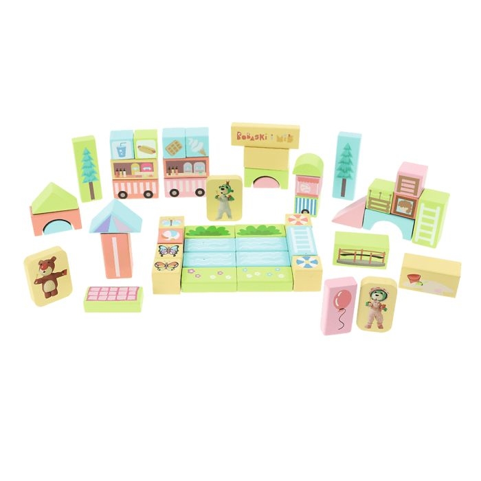 klocki bobaski i miś. kolorowe drewniane klocki